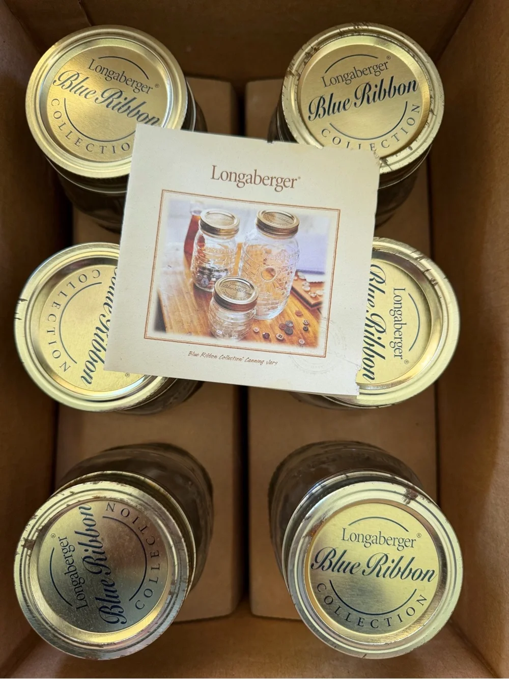 Longaberger Blue Ribbon Glass Jars with Gold Lids set of Six